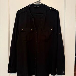 Women’s Premise Black Button-Front Blouse XL Gold Button Detail